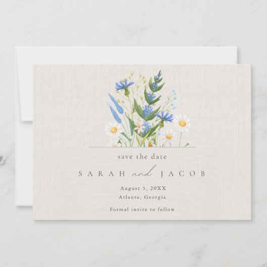 Summer Daisy Blue Floral Botanical Wedding Save The Date (Voorkant)