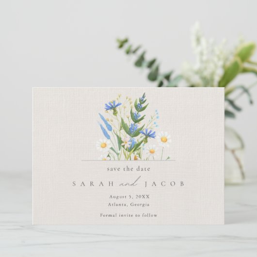 Summer Daisy Blue Floral Botanical Wedding Save The Date (Staand voorkant)