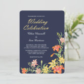 Summer Daylilies on Navy Blue Wedding Invitation Kaart (Staand voorkant)