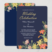 Summer Daylilies on Navy Blue Wedding Invitation