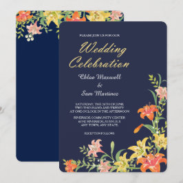 Summer Daylilies on Navy Blue Wedding Invitation Kaart