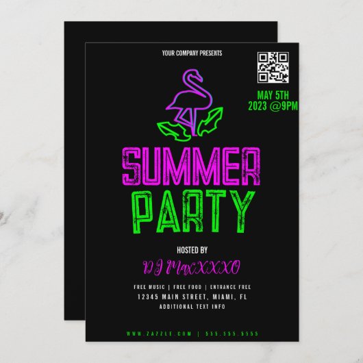 Summer DJ Night Event Party Bar Flyer Kaart (Voorkant / Achterkant)