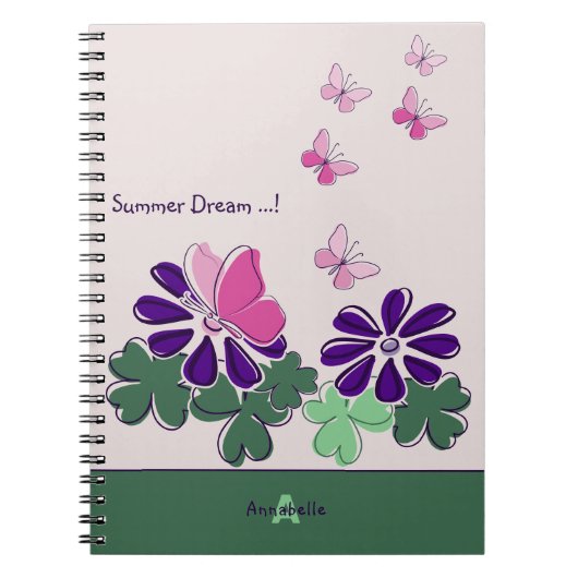 Summer Dream Roze Groen Paarse Bloemenvlinder Notitieboek (Voorkant)