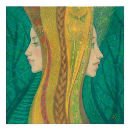 Summer Dryad Girls Forest Fantasy Art Green Yellow Poster (Voorkant)