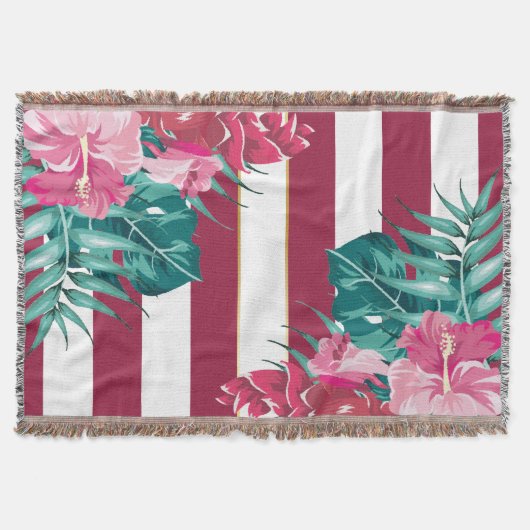Summer Exotic Flowers burgundy strips Deken (Voorkant)