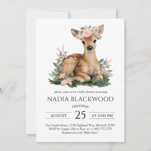 Summer Fawn Watercolor Baby Shower Kaart (Voorkant)
