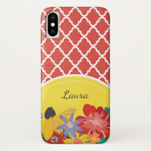 Summer Fiesta Red Floral Quatrefoil met naam iPhone X Hoesje