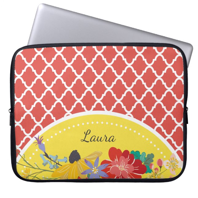 Summer Fiesta Red Floral Quatrefoil met naam Laptop Sleeve (Voorkant)