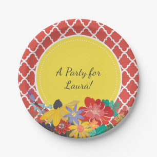 Summer Fiesta Red Floral Quatrefoil met naam Papieren Bordje