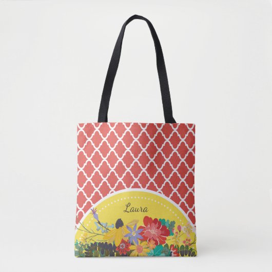 Summer Fiesta Red Floral Quatrefoil met naam Tote Bag (Voorkant)