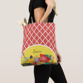 Summer Fiesta Red Floral Quatrefoil met naam Tote Bag (Dichtbij)