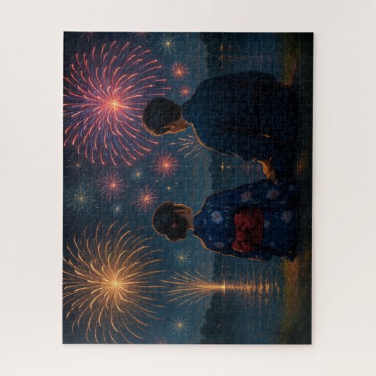 Summer Fireworks by the Lake with a Yukata Couple Legpuzzel (Verticaal)