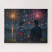 Summer Fireworks by the Lake with a Yukata Couple Legpuzzel (Horizontaal)
