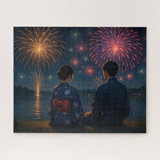 Summer Fireworks by the Lake with a Yukata Couple Legpuzzel (Horizontaal)