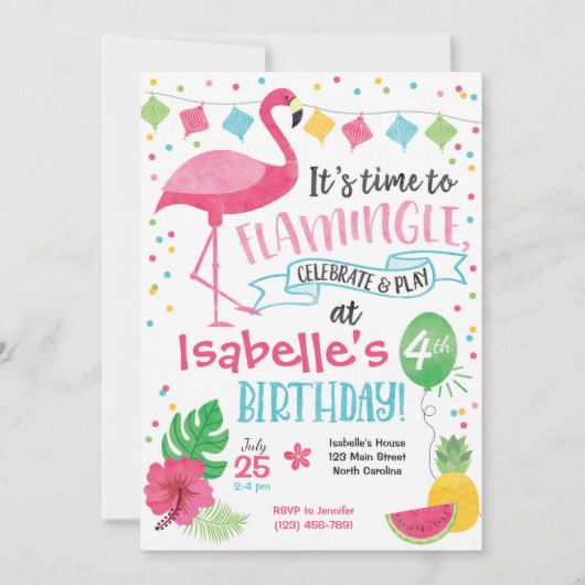 Summer Flamingo Birthday Invitation, Flamingle Kaart (Voorkant)