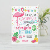 Summer Flamingo Birthday Invitation, Flamingle Kaart (Staand voorkant)