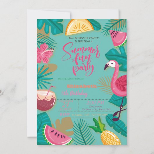 Summer, Flamingo Birthday Party, Palm Leaf Kaart (Voorkant)