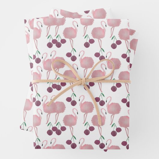 Summer Flamingo Cherries Hand Painted Waterverf Inpakpapier Vel (In situ)
