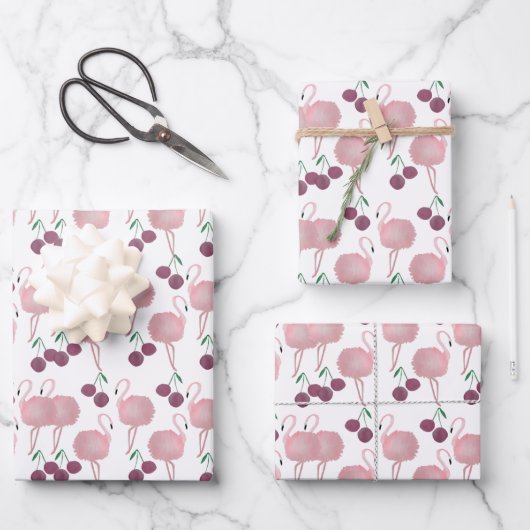 Summer Flamingo Cherries Hand Painted Waterverf Inpakpapier Vel (Voorkant)