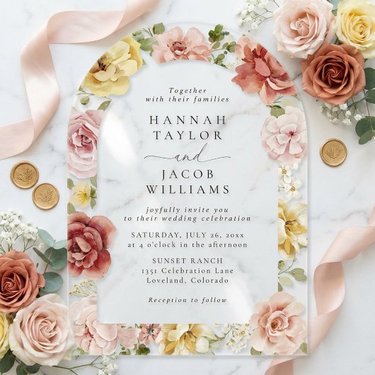 Summer Floral Blush Pink and Yellow Wedding Acryl Uitnodigingen
