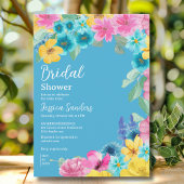 Summer floral Bridal Shower with Photo Blue Kaart