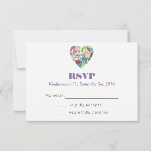 Summer Floral Heart in Pink and Green Wedding RSVP (Voorkant)