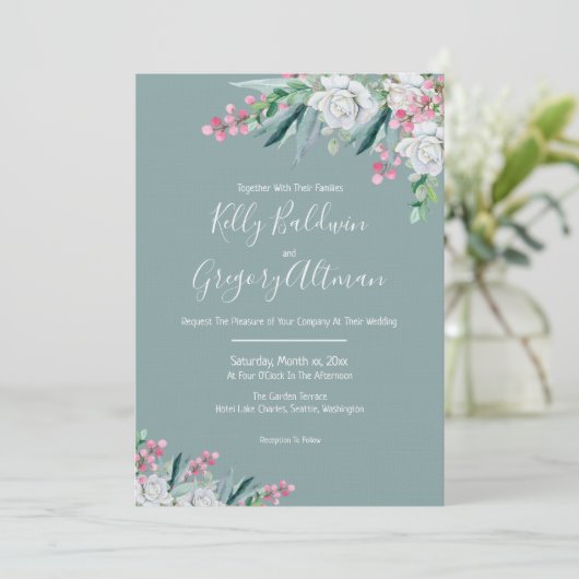 Summer Floral Mint Green Wedding Invitation Kaart (Staand voorkant)