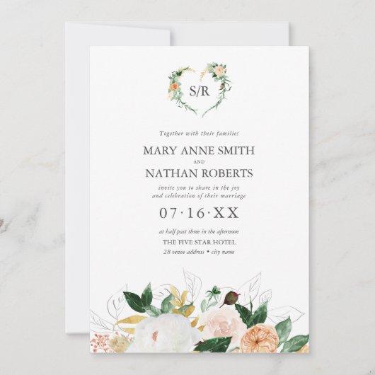 Summer Floral Oranje Botanical Monogram Weddenscha Kaart (Voorkant)