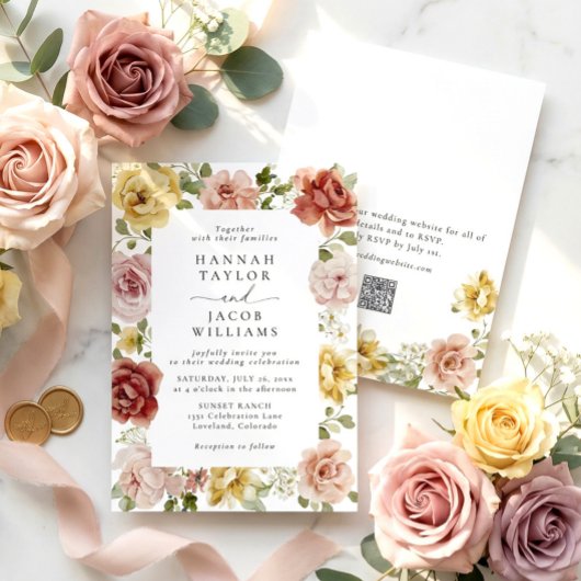 Summer Floral QR Code Wedding Kaart