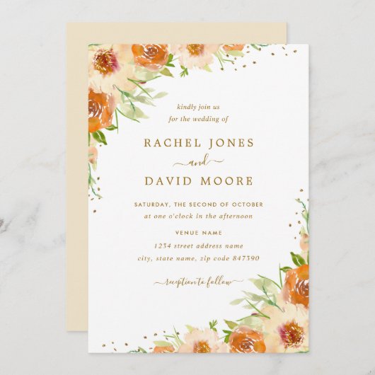 Summer Floral Waterverf Gold Wedding Invitation Kaart (Voorkant / Achterkant)