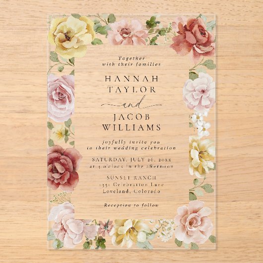 Summer Floral Wedding Acryl Uitnodigingen (Voorkant)