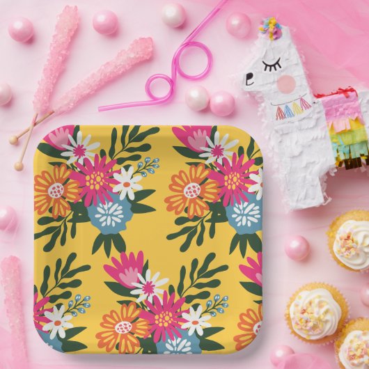 Summer Flower Bouquet on Gold Papieren Bordje (Feest)