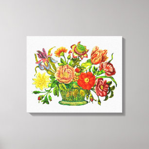 Summer Flowers in een mandje,  kunst Canvas Afdruk