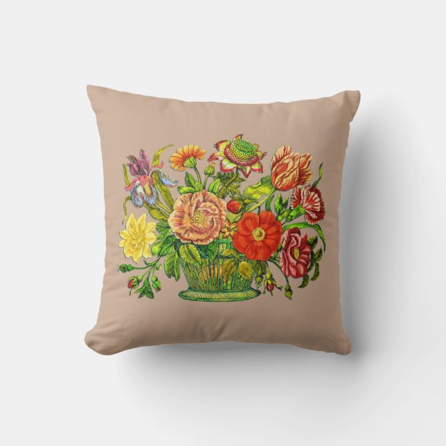 Summer Flowers in the Basket, Beige Background Kussen (Voorkant)