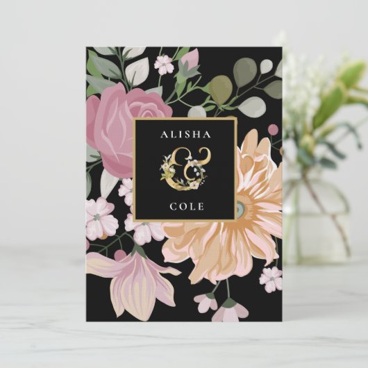 Summer Flowers op Black Wedding Kaart (Staand voorkant)