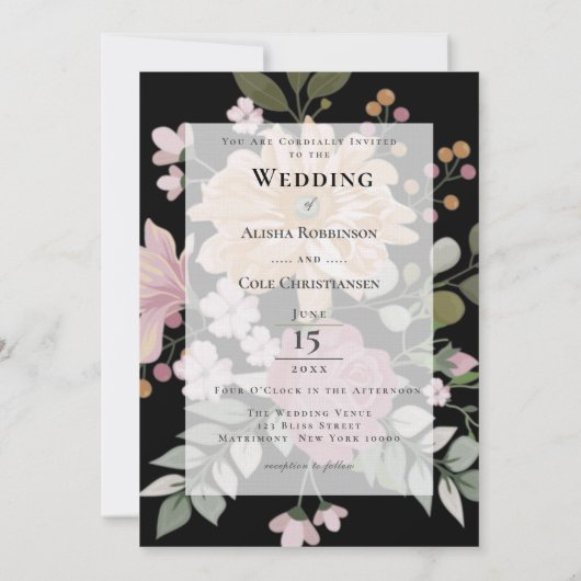 Summer Flowers op Black Wedding Kaart (Achterkant)