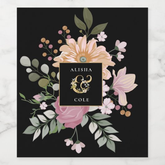 Summer Flowers op Black Wedding Wijn Etiket (Enkel label)