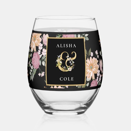 Summer Flowers op Black Wedding Wijnglas Zonder Voet (Voorkant)