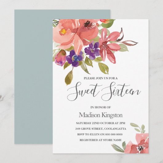 Summer Flowers Peach Sweet 16 Birthday Invite Kaart (Voorkant / Achterkant)