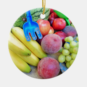 Summer Fruit, Food, Melon, Grappen, Perziken, Bana Keramisch Ornament