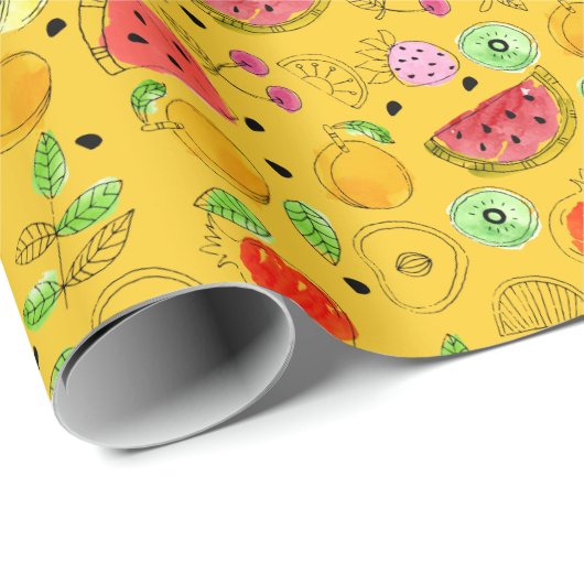 Summer Fruit Pattern | Heldergeel Cadeaupapier (Rol Hoek)