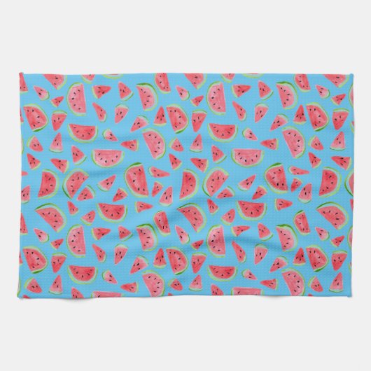 Summer Fruity Fun Watermelons Waterverf Blue Theedoek (Horizontaal)