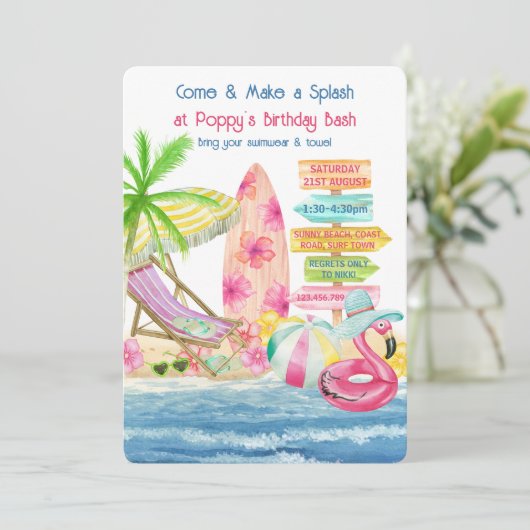 Summer Fun Beach and Surf Girls Birthday Kaart (Staand voorkant)