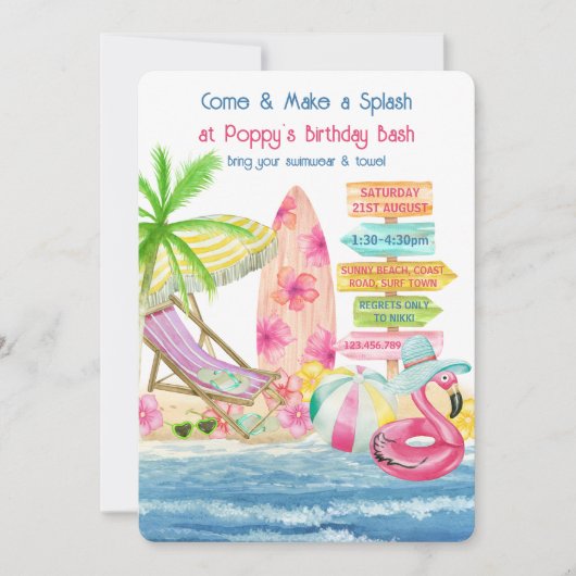 Summer Fun Beach and Surf Girls Birthday Kaart (Voorkant)