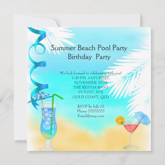 Summer Fun Blue Cocktail Beach Party Kaart (Achterkant)