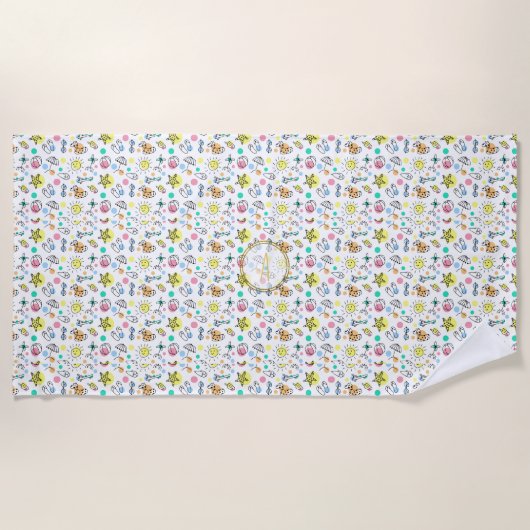 Summer Fun Monogram Beach Holiday Doodles Decor Strandlaken (Voorkant)