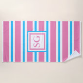 Summer Fun Pink en Turquoise Striped Monogram Strandlaken (Voorkant)