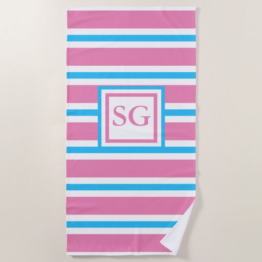 Summer Fun Pink en Turquoise Striped Monogram Strandlaken (Voorkant)