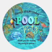 Summer Fun Pool Party Dank u Verjaardag Ronde Sticker (Voorkant)
