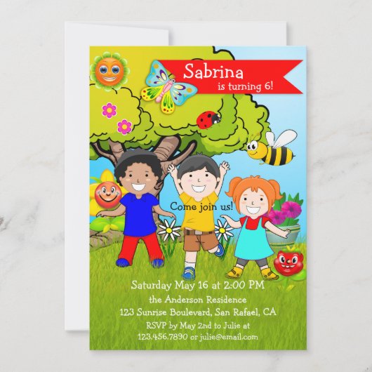 Summer Garden Children Birthday Party Invitation Kaart (Voorkant)